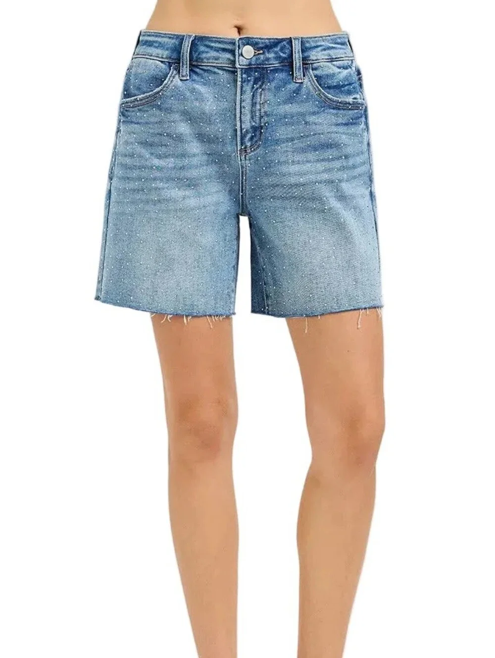 Risen Rhinestone Speckled Baggy Raw Hem Mid Length Weekend Sparkle Denim Shorts